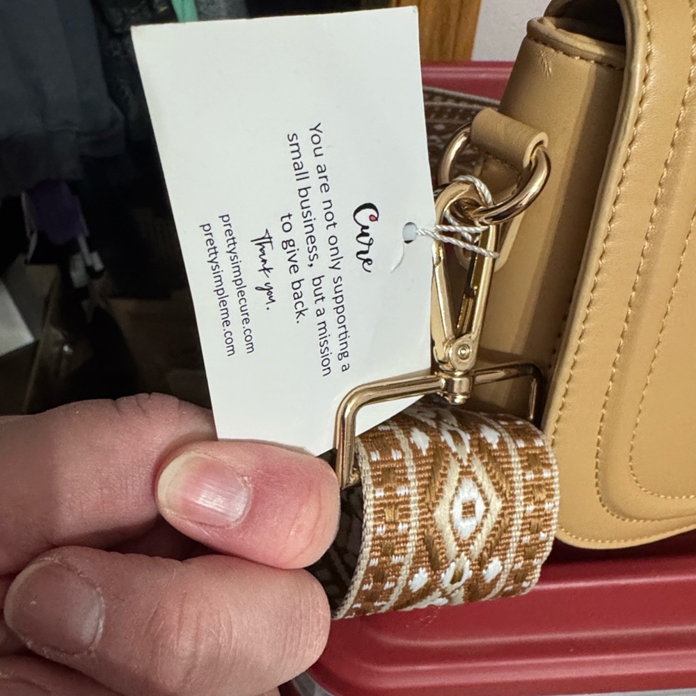 Tan Crossbody Bag with Patterned Strap - Picture 5 of 10